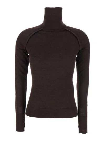 Victoria Beckham Brown Turtleneck Sweater With Logo Patch On The Sleeve In Cotton Blend Woman In Black