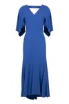 Victoria Beckham Hem Asymmetric Flared Midi V-neck Dress In Blue