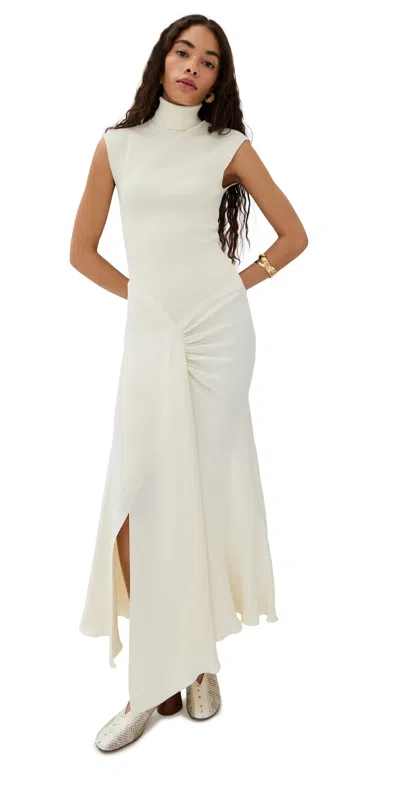 Victoria Beckham Cap Sleeve Knit Detail Midi Dress Cream In Crema