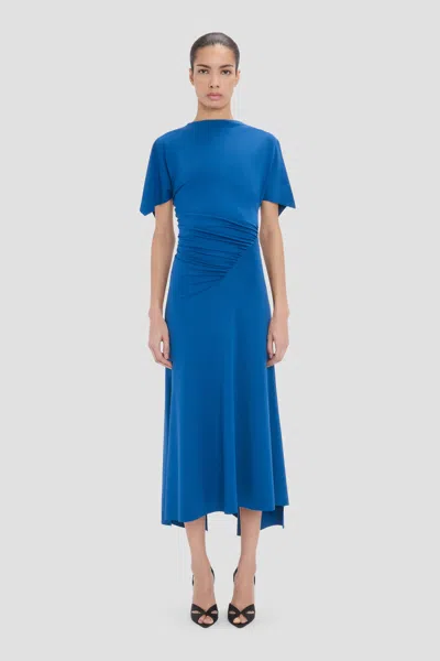 Victoria Beckham Asymmetric Ruched Stretch-jersey Midi Dress In Blue