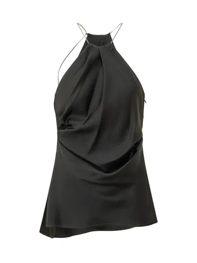 Victoria Beckham Chain-embellished Gathered Satin Top In Black