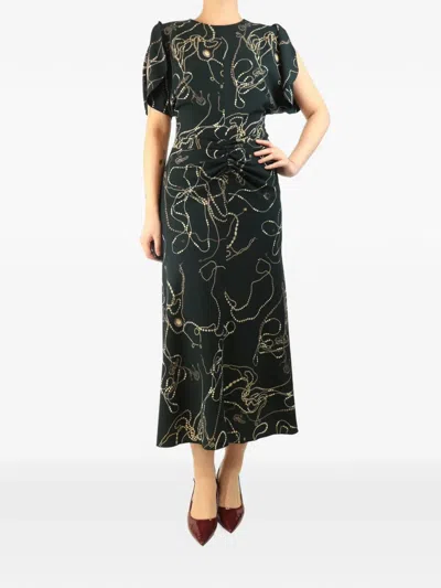 Pre-owned Victoria Beckham Chain-print Gathered-waist Midi Dress In Green