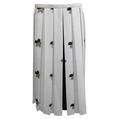 Pre-owned Victoria Beckham Check-print Pleated Midi Skirt In White Polyester In Grey