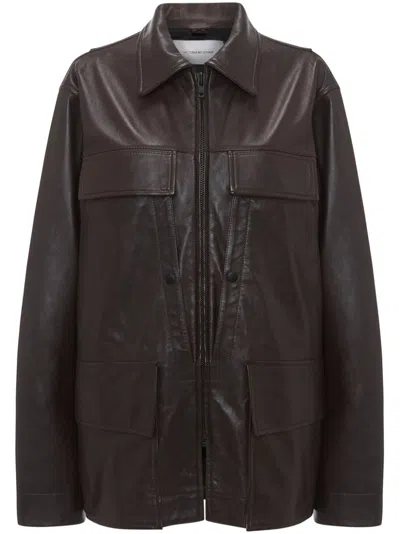 Victoria Beckham Chore Leather Jacket In Brown
