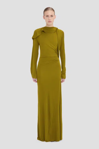 Victoria Beckham Closed Neck Draped Gown In Moss 14 In Green