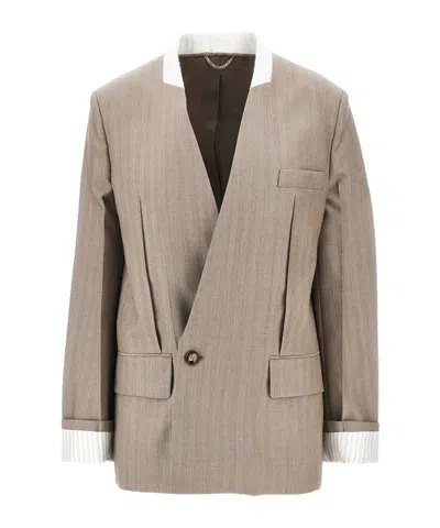 Victoria Beckham Collarless Double-breasted Blazer In Beige