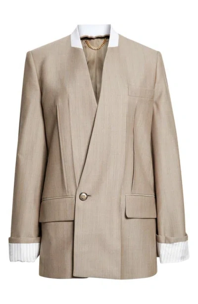 Victoria Beckham Collarless Virgin Wool Herringbone Blazer In Brown