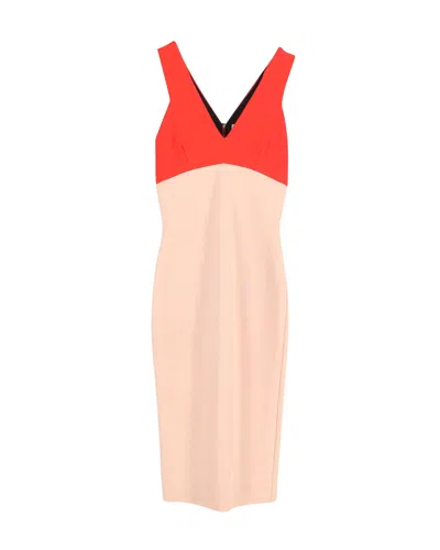 Victoria Beckham Color Block V-neck Sheath Midi Dress In Orange And Nude Viscose