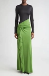 Victoria Beckham Colorblock Ruched Long Sleeve Jersey Gown In Green