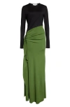 Victoria Beckham Long Sleeve Draped Jersey Gown In Black/algae
