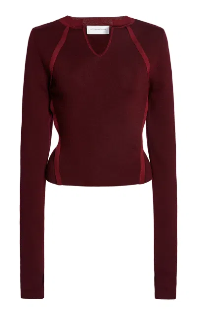 Victoria Beckham Contrast Trim Merino Wool-blend Top In Burgundy