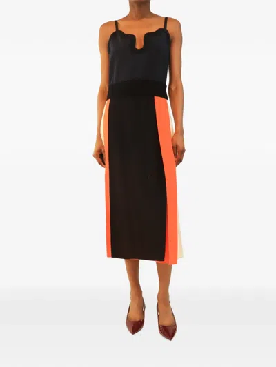 Pre-owned Victoria Beckham Contrast-panel Pleated Silk Midi Dress In Black