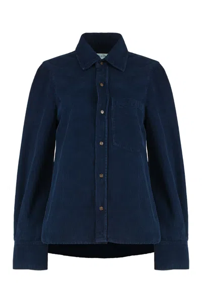 Victoria Beckham Shoulder Detail Slim Corduroy Shirt Indigo Garment Dye In Blue