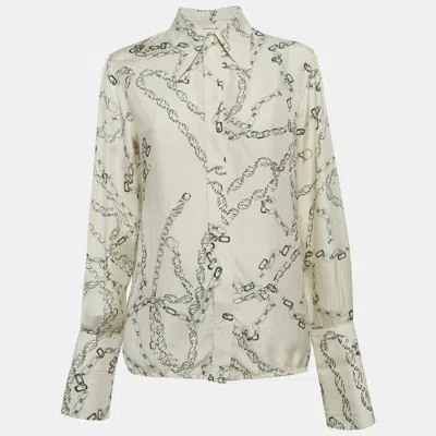 Pre-owned Victoria Beckham Cream Chain Print Satin Long Sleeve Shirt M In White