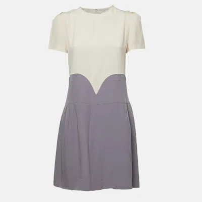 Pre-owned Victoria Beckham Cream/grey Crepe Puff Sleeve Mini Dress M