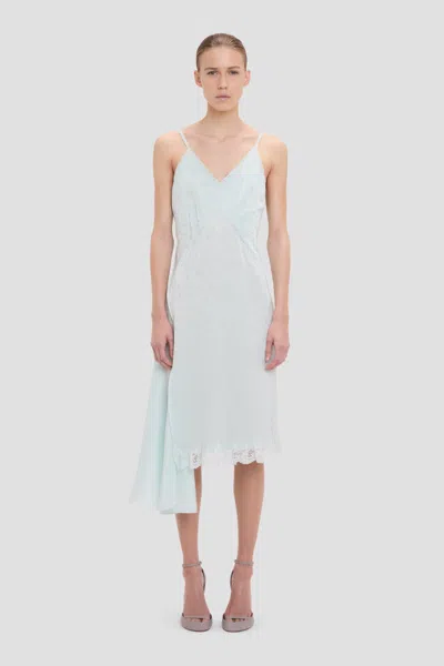 Victoria Beckham Asymmetric Lace-trimmed Jacquard Slip Dress In Blue