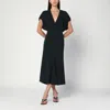 Victoria Beckham Satin Midi Dress Cap Sleeves V-neckline In Black