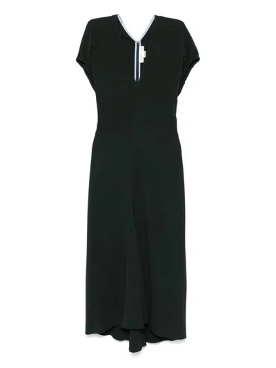 VICTORIA BECKHAM DARK GREEN V-NECK MIDI DRESS