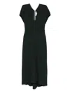 Victoria Beckham Green Midi Dress With Ruched Sleeves And V Neck In Black
