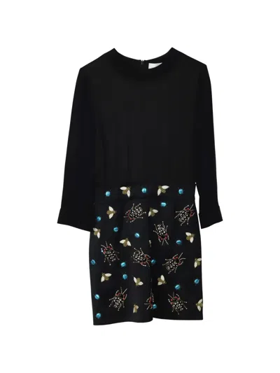 Pre-owned Victoria Beckham Detail-embroidered Long-sleeve Midi Dress In Black