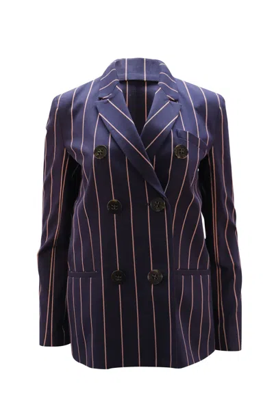Victoria Beckham Double-breasted Pinstriped Blazer In Blue Cotton