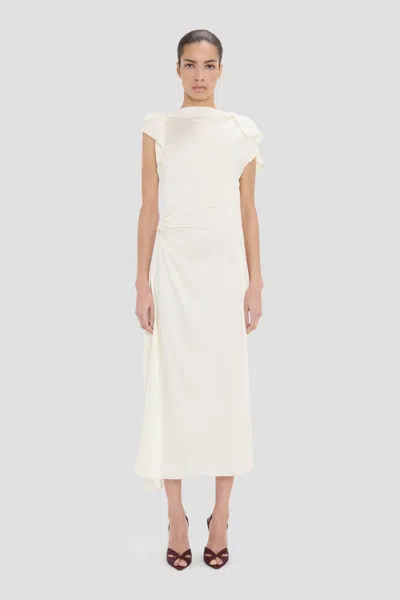 Victoria Beckham Drape Midi Dress In Ivory In White