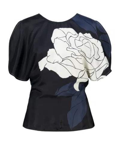 Victoria Beckham Flower-print Satin Draped Sleeve Top In Blue
