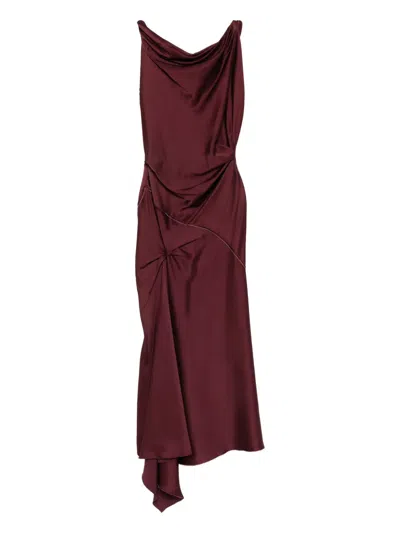 Victoria Beckham Asymmetric Draped Sleeveless Satin Midi Dress In Burgundy
