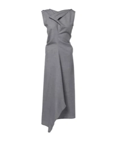 Victoria Beckham Draped Asymmetric Wool Midi Dress In Gray