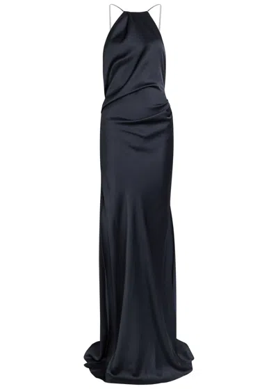 Victoria Beckham Draped Halterneck Satin-crepe Gown In Blue