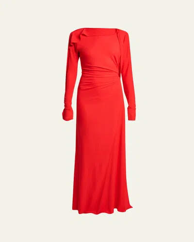 Victoria Beckham Draped Long-sleeve Gown In Red
