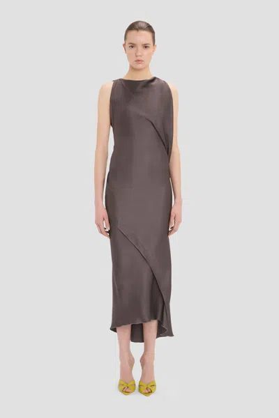 Victoria Beckham Draped Midi Dress In Ore In Brown