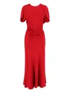 Victoria Beckham Red Crewneck Midi Dress With Gathered Waist And Rear Zip Closure In Red