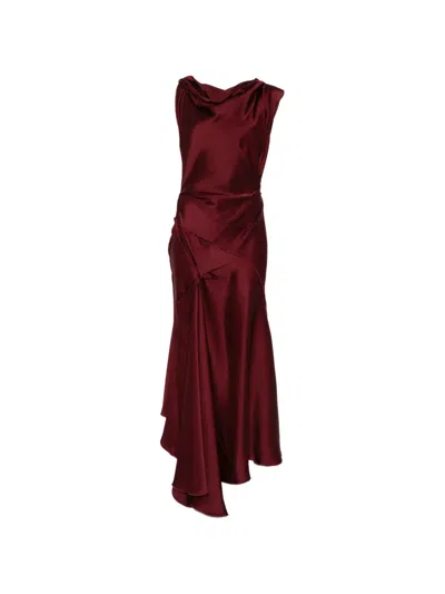 Victoria Beckham Asymmetric Draped Sleeveless Satin Midi Dress In Burgundy