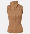 Victoria Beckham Draped Ribbed-knit Wool-blend Top In Brown