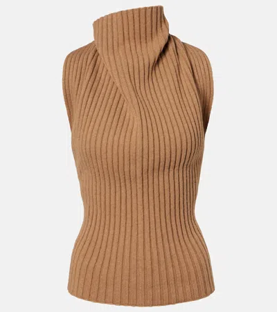 Victoria Beckham Draped Ribbed-knit Wool-blend Top In Brown