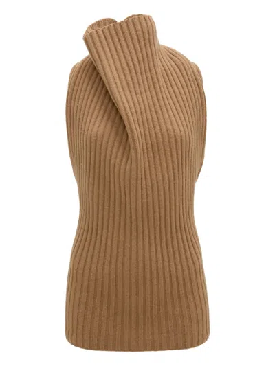 Victoria Beckham Draped Ribbed Top In Brown
