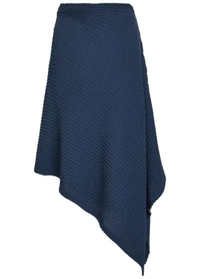 Victoria Beckham Draped Seersucker Fine-knit Midi Skirt In Blue