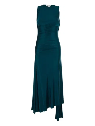 Victoria Beckham Petrol Green Long Dress With Round Neckline And Ruffled Details In Viscose Woman