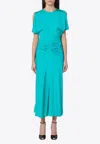 Victoria Beckham Peacock Colour Midi Dress With Hooded Sleeves In Light Blue