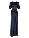 Victoria Beckham Navy Blue Long Dress With Gathered Waist In Blue