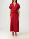 Victoria Beckham Long Waist Ruched Sleeve V-neck Dress In Red