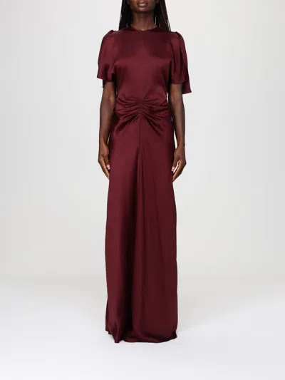 Victoria Beckham Maroon Crew Neck Gathered Waist Dress In Burgundy