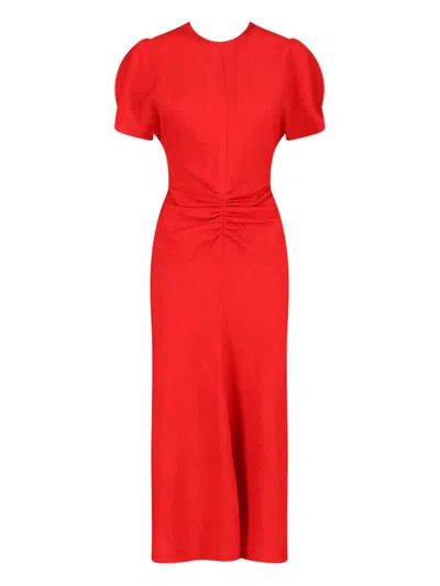 Victoria Beckham Gathered Puff-sleeve Midi Dress In Red