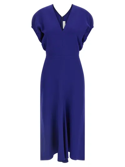 Victoria Beckham Edith Midi Dress Puff Sleeves V Neckline In Blue
