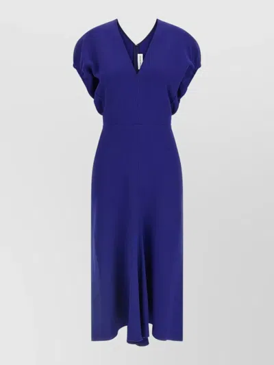 Victoria Beckham Edith Midi Dress Puff Sleeves V Neckline In Blue