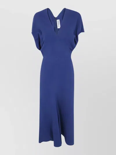 Victoria Beckham Edith Midi Dress V Neckline Draped Sleeves In Blue