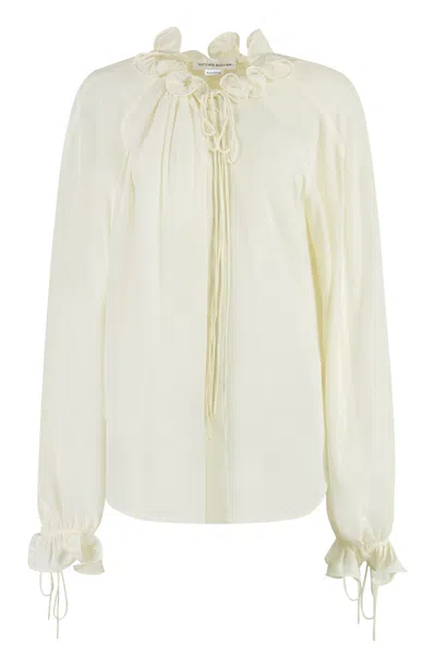 Victoria Beckham Elegant White Ruffled Silk Blouse For Women In Yellow