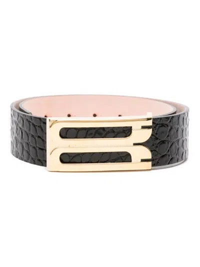 Victoria Beckham Embossed Crocodile Effect Black Calf Leather Belt In Brown