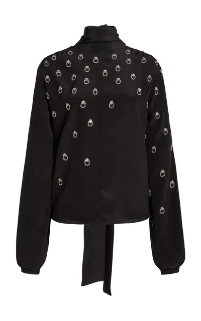 Victoria Beckham Embroidered Balloon-sleeve Silk Top In Black